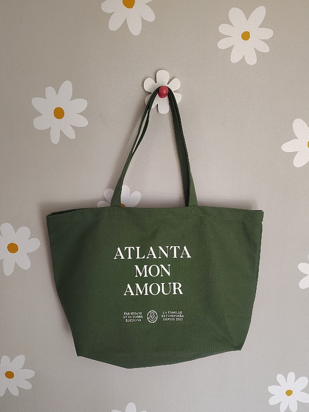 NWOT Green Sezane Atlanta Mon Amour White Lettering Cotton Canvas Tote Bag